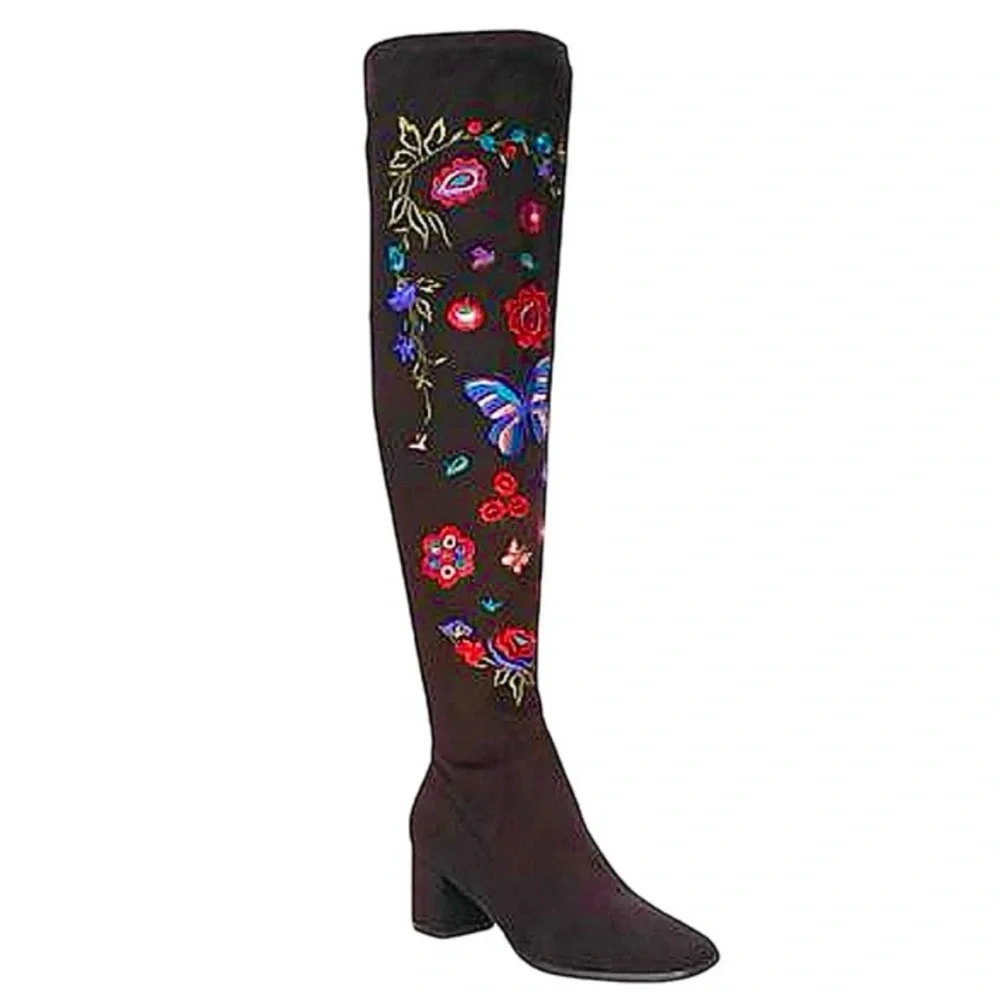 NWOT Impo Judy Embroidered Over-The-Knee Boots stretch block heel colorful